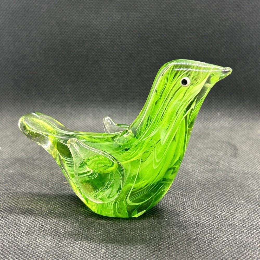 Blown Glass Art Green Swirl Bird Paperweight Figurine Glass Bird Murano Style 3"